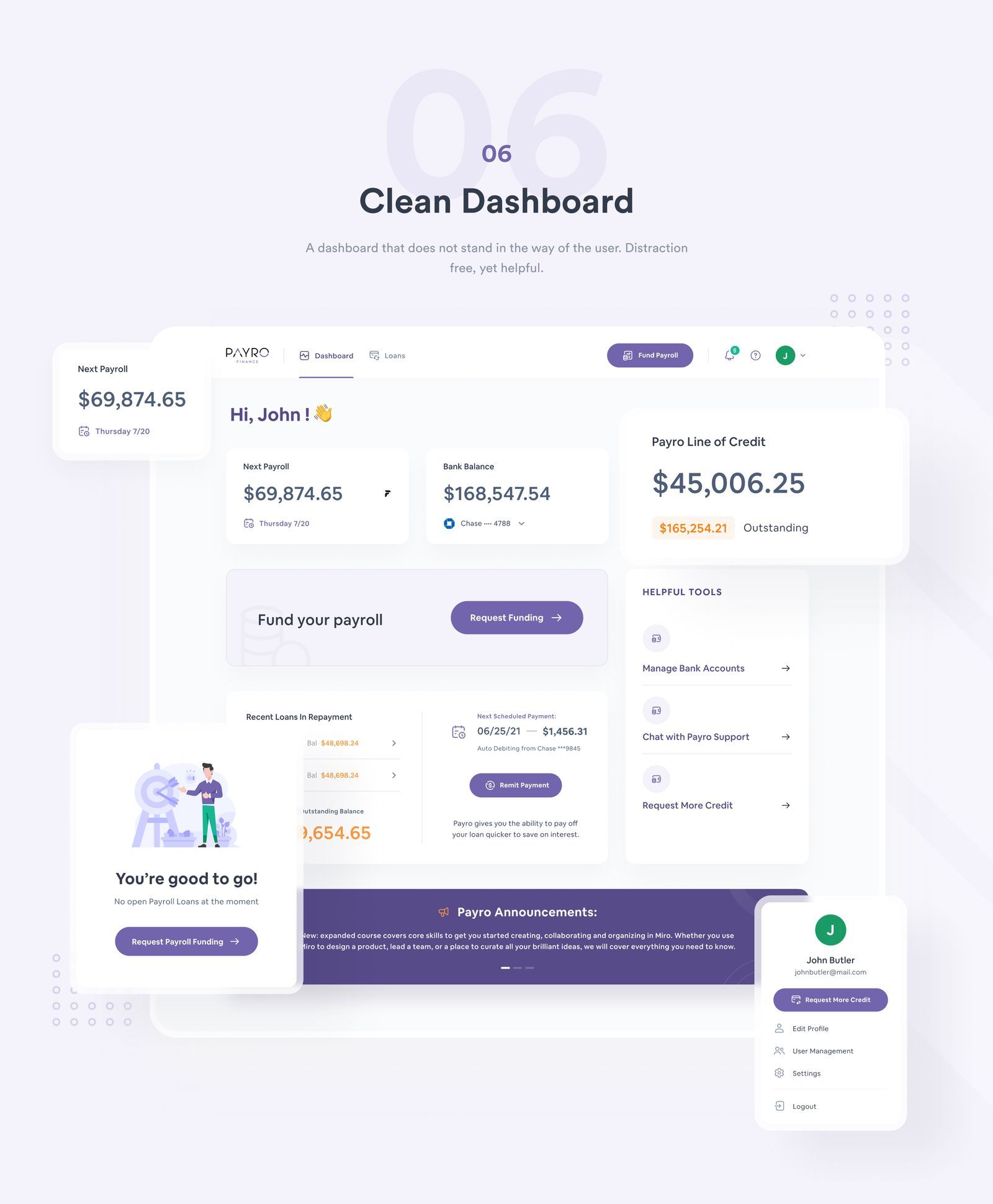 Payro dashboard showing funding and payroll information