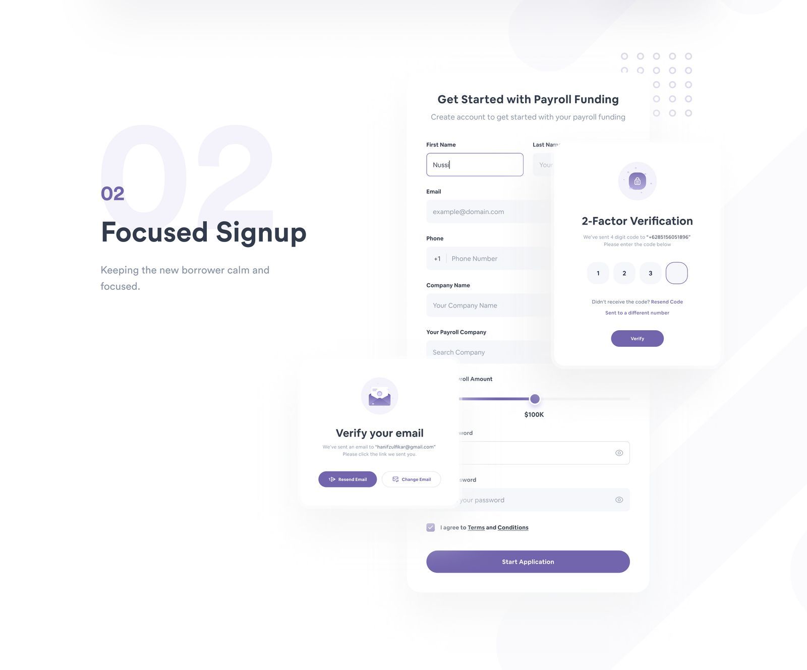 Payro focused signup experience across verification steps
