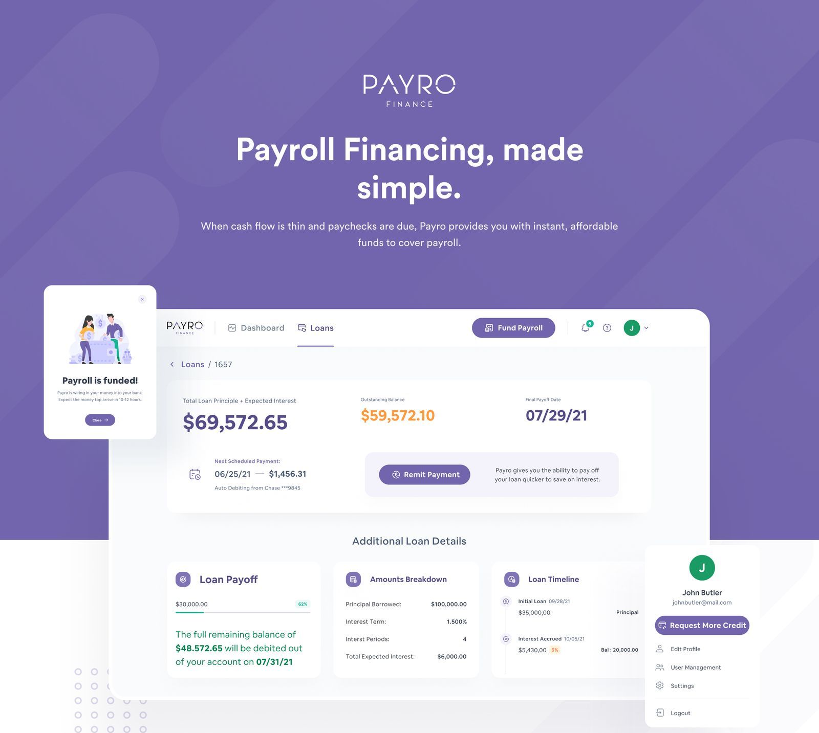 Payro Finance product interface overview