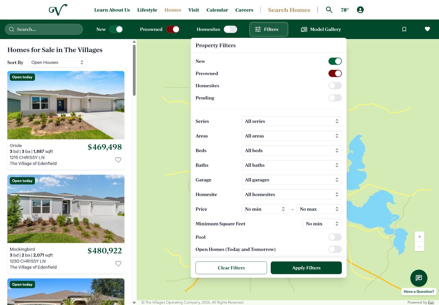 Homefinder property filters layered over the map and listing interface