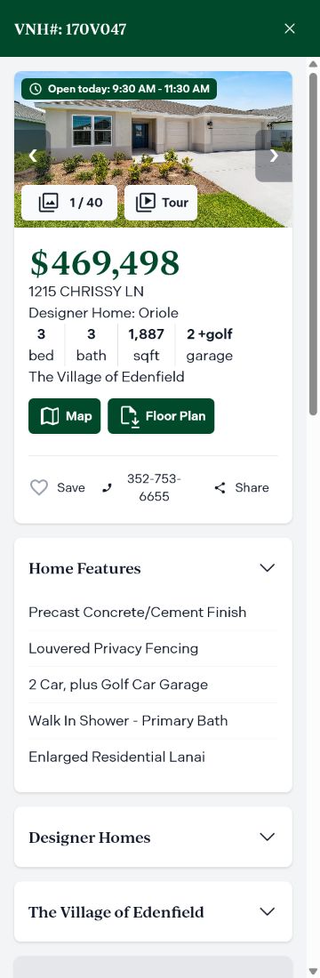 Mobile Homefinder interaction showing a property gallery, image navigation, and expandable home features
